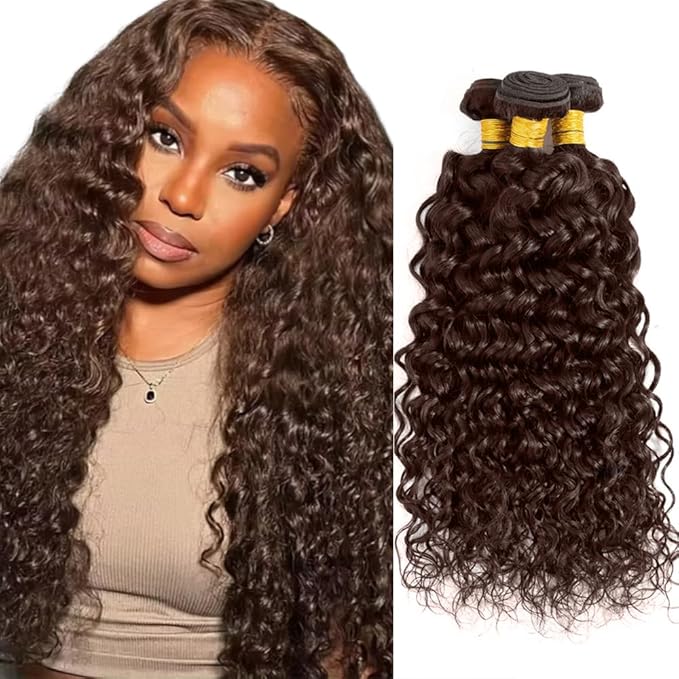 Color 4 Bundles Human Hair Brown Water Wave Bundle Niegmeag Brazilian Virgin Remy Hair 3 Bundles 20 22 24 Inch Chocolate Brown Wet and Wavy Bundle 150g