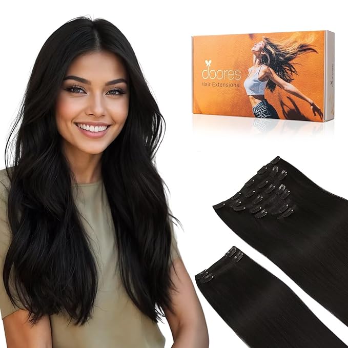 DOORES Hair Extensions Real Human Hair, Jet Black 150g 9pcs 22 Inch, Real Hair Extensions Clip in Human Hair Thick Extensions Human Hair Natural Extensions for Women Clip in Silky Straight Hair