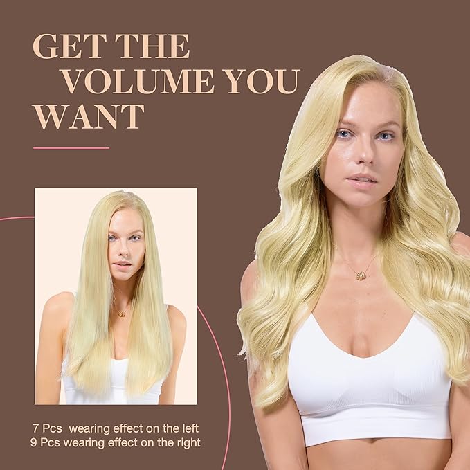 GOO GOO Clip in Hair Extensions Real Human Hair, Remy Human Hair Extensions Clip ins for Women, Natural Human Hair, 22inch 150g 9Pcs, 16/22 Light Blonde Highlighted Golden Blonde