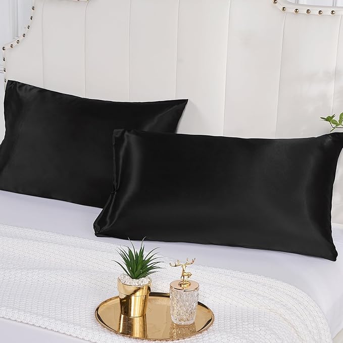 Satin Silk Pillowcase for Hair and Skin, Black Pillow Cases Standard Size Set of 4 Pack Super Soft Pillow Case with Zipper Closure (Black, Standard(4 Pack))