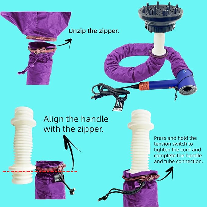 Hooded Hair Dryer for Curly Hair, Large Adjustable Blow Dryer Cap, Portable Hair Dryer Bonnet Attachment, Soft Diffuser for Fast Drying & Deep Conditioning, Headband Integrated Design (purple)