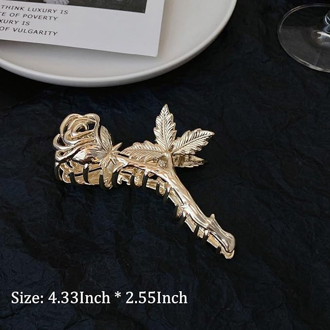 Rose Metal Flower Hair Clips, 1Pcs 4.52Inch Elegant Non-Slip Hair Accessory for Thin Thick Hair for Women & Girls (Gold Rose)