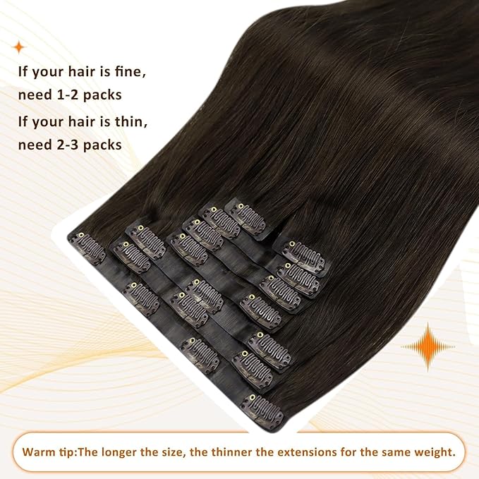 Full Shine Seamless Clip in Hair Extensions Human Hair Brown Remy Hair Extensions Clip in Darkest Brown Straight Natural Hair Extension for Women 12 Inch 8 PCS 95 G