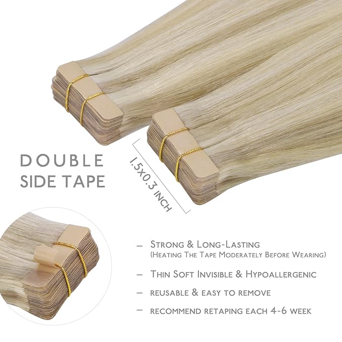 WENNALIFE Tape in Hair Extensions Human Hair, 20pcs 14 inch 50g Ash Blonde to Golden Blonde and Platinum Blonde Remy Tape Hair Extensions Real Human Hair Tape Extensions Coloured Hair Extensions
