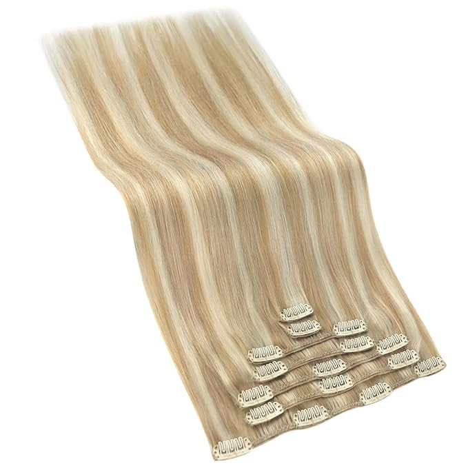 Ve Sunny Human Hair Clip in Hair Extensions Highlights Hair Extensions Real Human Hair Clip ins Caramel Blonde with Platinum Blonde Clip in Hair Extensions Human Hair 14 Inch 7pcs 100g