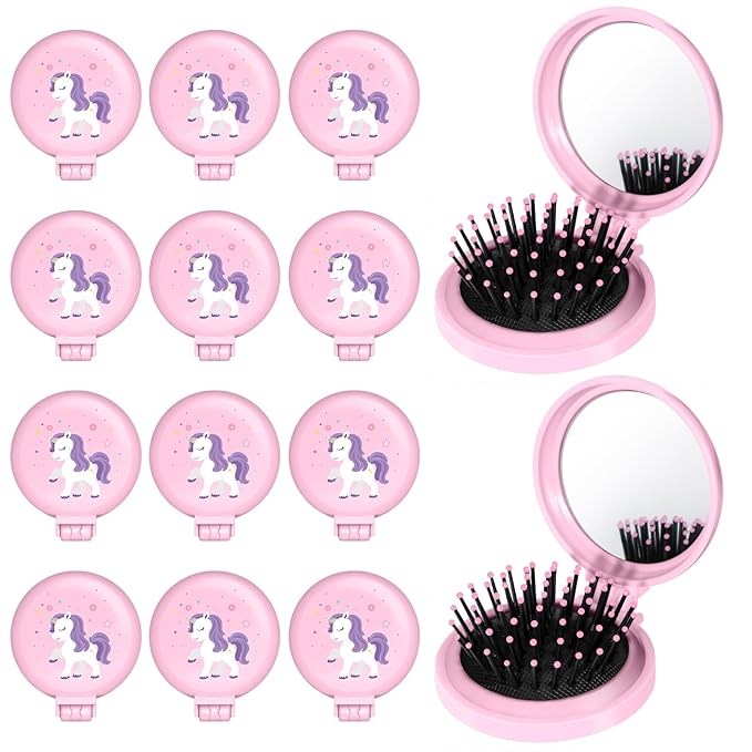12 Pcs Unicorn Mini Detangler Brush, Folding Mirror Hair Brushes, Mini Travel Hair Brush, No Tangle Soft Flexible Bristles for Straight, Curly, Thick Hair for Party Gift