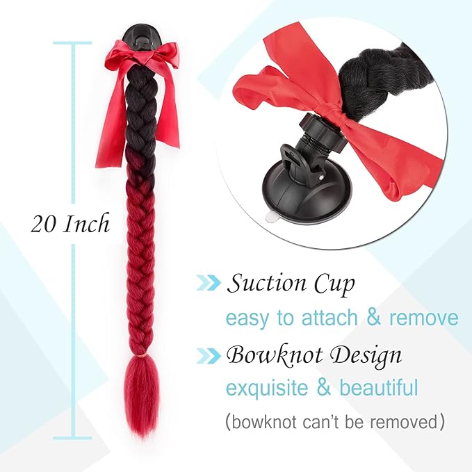 SEGO 1PCS/2PCS Helmet Pigtail Braids with Detachable Suction Cup Bowknot Ponytail Hair Many Colors (Helmet not Included)