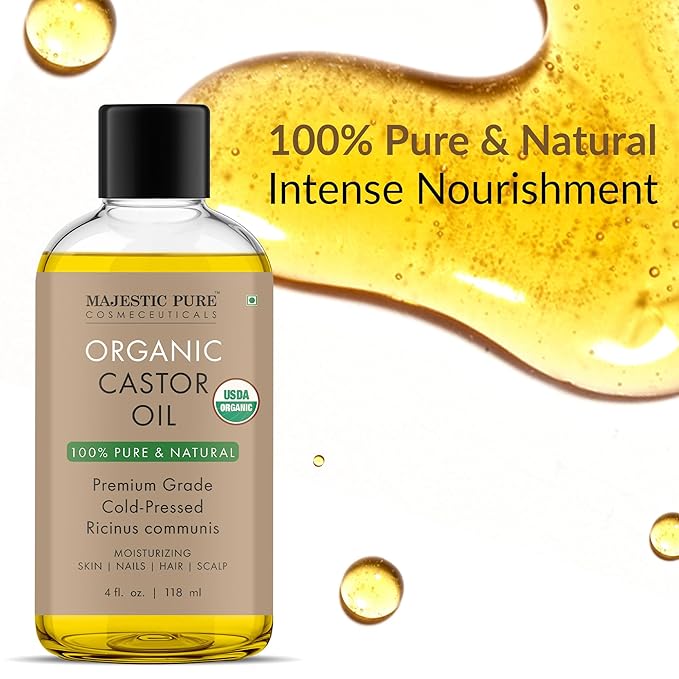 Majestic Pure USDA Organic Castor Oil - 100% Pure & Natural - Premium Grade, Cold Pressed, Hexane Free - Hair, Eyelashes, Eyebrows, Nails - Moisturizing & Nourishing - 4 Fl Oz