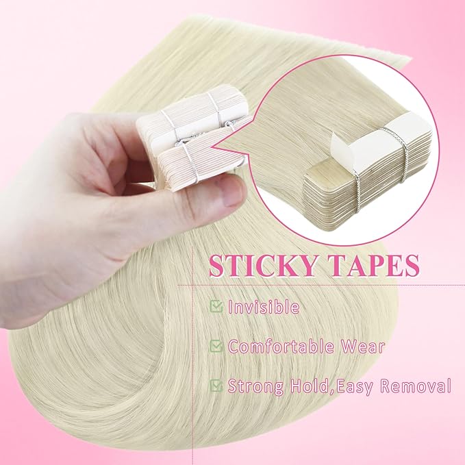 YoungSee Invisible Tape in Hair Extensions Human Hair Platinum Blonde Tape in Hair Extensions Human Hair Platinum Blonde 18Inch Tape-in Hair Extension Real Human Hair Long 20pcs 50g