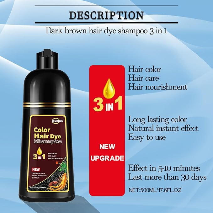 Herbal Dark Brown Hair Coloring Shampoo for Women and Men - 3 in 1 for Gray Coverage, 100% Gray to Brown Hair Color, 500ml