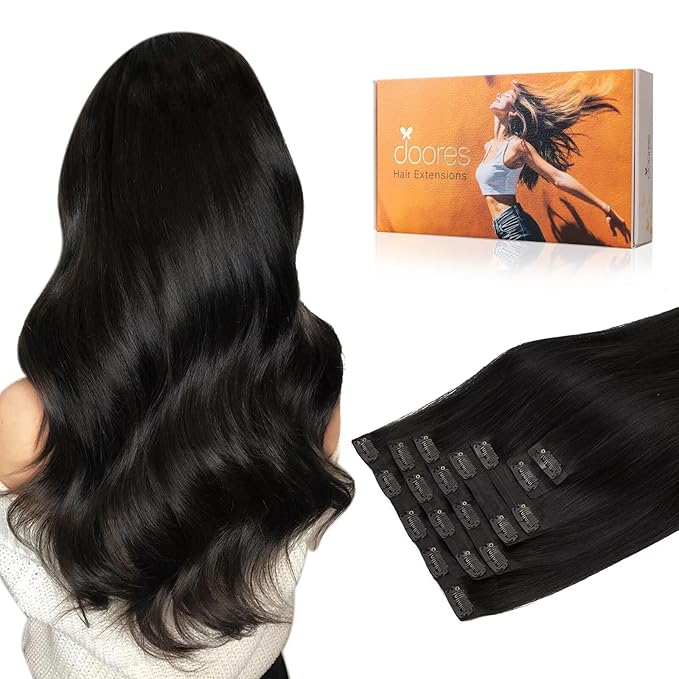 DOORES Hair Extensions Seamless Clip in Human Hair, Natural Black 18 Inch 110g 7pcs, Clip in Extensions Remy Straight Invisi Edge Weft