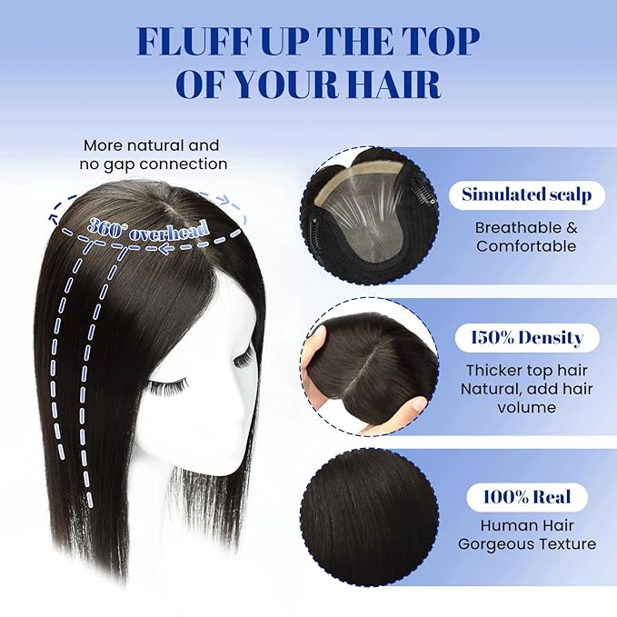 WORLDSTAR Hair Toppers for Women Real Human Hair No Bangs 6 * 7 Inch Base 16 Inch 75g #1B Natural Black 360°3D Coverage Hairpieces Hand-stitched Real Hair Toppers for Women Add Volume (tp#1B-16)
