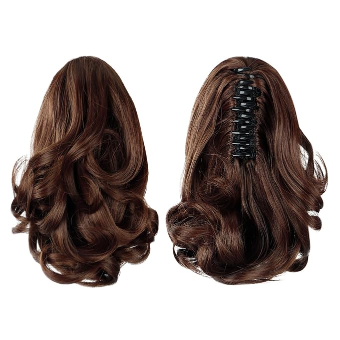 Brown Ponytail Extensions,9" Short Curly Wavy Claw Clip Pony tails Hair Extensions Natural Soft Synthetic Hairpiece for Women