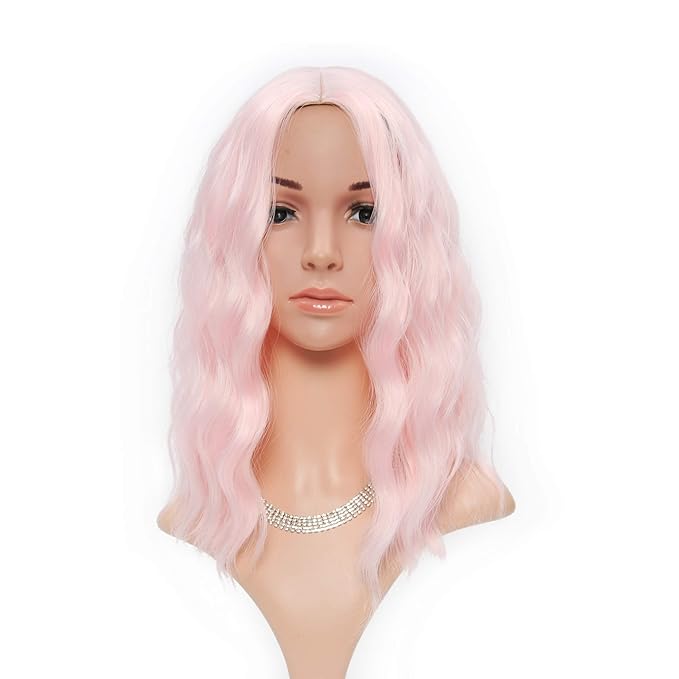 FAELBATY Light Pink Wigs For Women Curly Wavy Synthetic Women Girl's Wig Pure Pastel Cosplay Costume Halloween Wigs (14" Light Pink)
