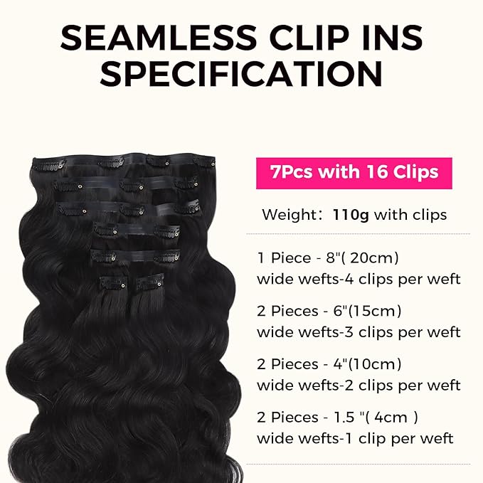 Lashey Seamless Clip in Human Hair Extensions - #1 Jet Black Body Wave 14 Inch PU Weft - 7pcs 110g Natural Real Hair for Women