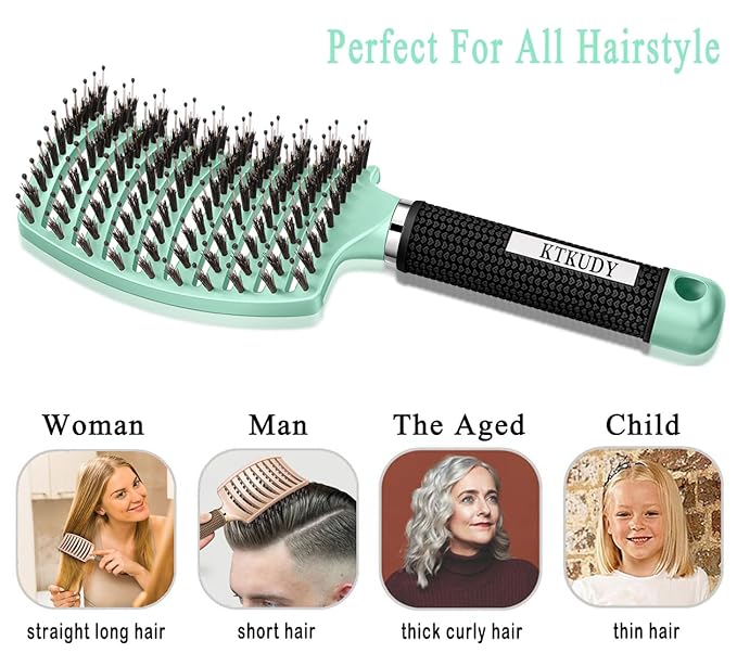 KTKUDY Detangling Brush Boar Bristles HairBrush Make Hair Shiny & Healthier Curved and Vented Detangler Brush for Women Men Kids Wet and Dry Hair (Turquoise)