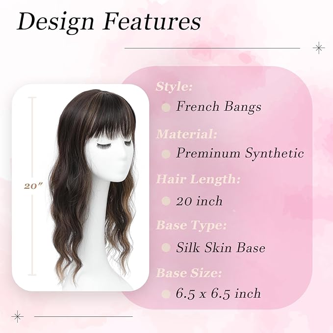 Hair Topper, 360° 3D Hair Toppers for Women with Thinning Crown, 20 Inch Long Wavy Curly Hair Pieces Clip in Bangs (Dark Brown Mixed Chestnut, 20 inch, French Bangs)