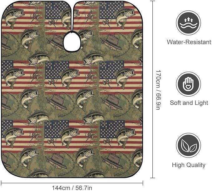 Extra Long Hair Styling Cape, Professional Hair Cutting Apron Hunting Camo Bass Fishing Camouflage American Flag Shampoo Cutting Household Capes Wrap for Hair Cutting Styling