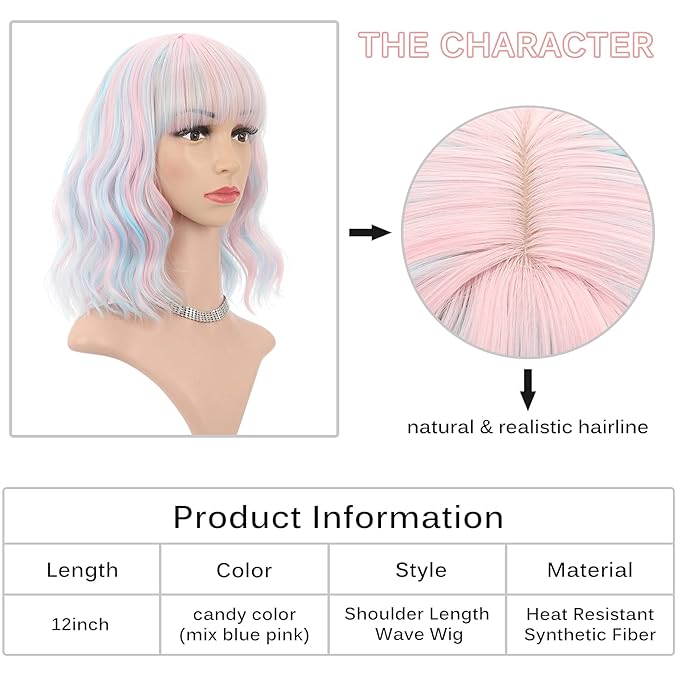 FAELBATY Mix Pink Wave Bob Wigs With Bangs Synthetic Cosplay Wig for Girl Shoulder Length Wig for Women Costume Wigs Candy Color(12" Mixed Blue Pink)