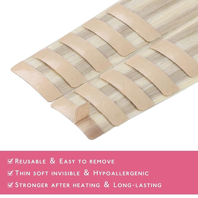 WENNALIFE Tape in Hair Extensions Human Hair Ash Blonde Highlighted Platinum Blonde Tape in Extensions, 10pcs 30g 22 inch Remy Invisible Tape Ins Straight Soft Real Human Hair Tape in Extensions