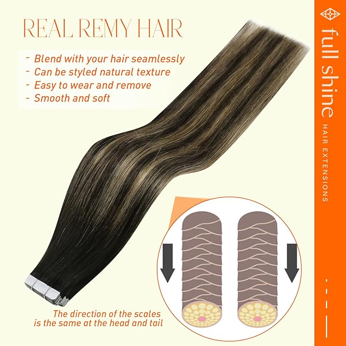 Full Shine Tape in Hair Extensions Human Hair 14 Inch Color 1B Off Black Fading to 27 Honey Blonde and 1B Tape in Real Hair Extensions 50Gram 20Pcs Adhesive Hair Extension Seamless Tape