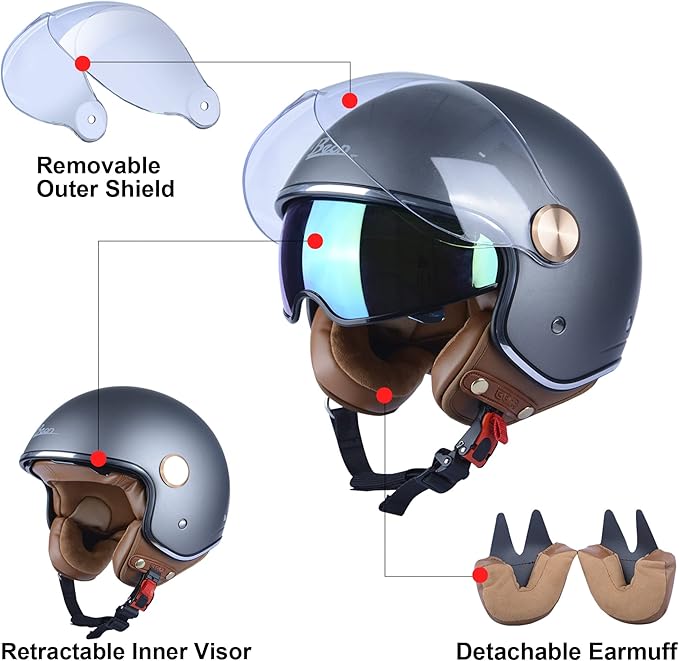 Open Face Motorcycle Helmet for Adults, DOT Approved,3/4 Retro Vespa Helmet, Dual Visors Men's and Women's Motorbike Casco for Moped Cruiser Bobber and Chopper