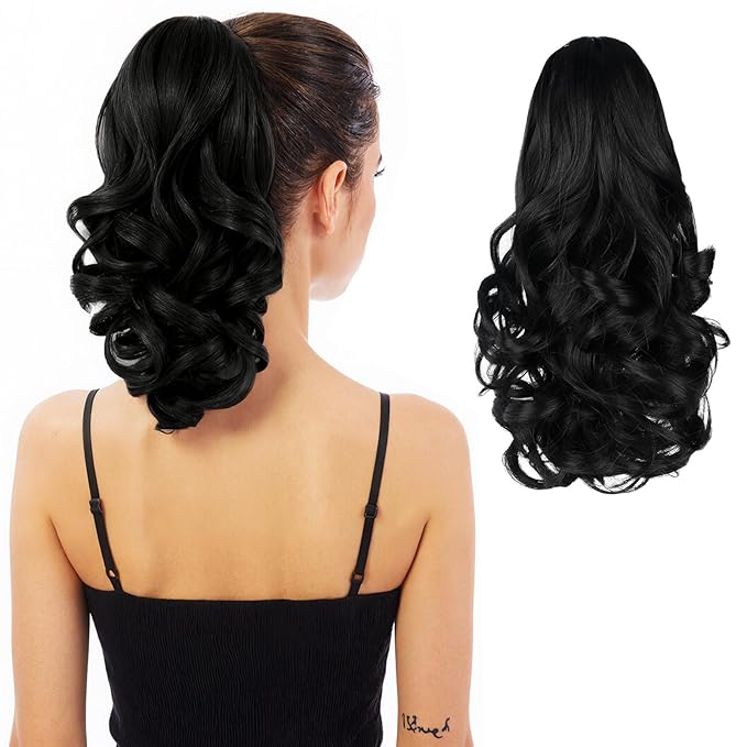 Ponytail Extension, Clip on Ponytails for Women, 12" Claw Clip in Short Curly Wavy Pony Hair Extension for Women - Natural Black
