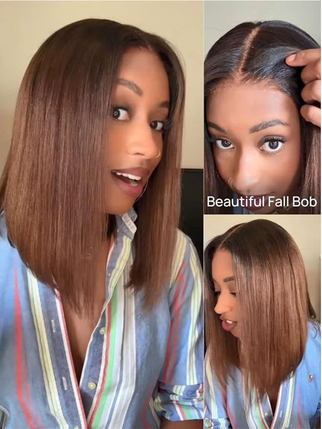YIROO Chestnut Brown Ombre Yaki Straight Bob Wig Human Hair, 13x4 Lace Front Glueless Wig with Drawstring, Pre Everything Pre Cut Pre Plucked Pre Bleached Knots Natural Hairline Short Bob Wig 12Inch