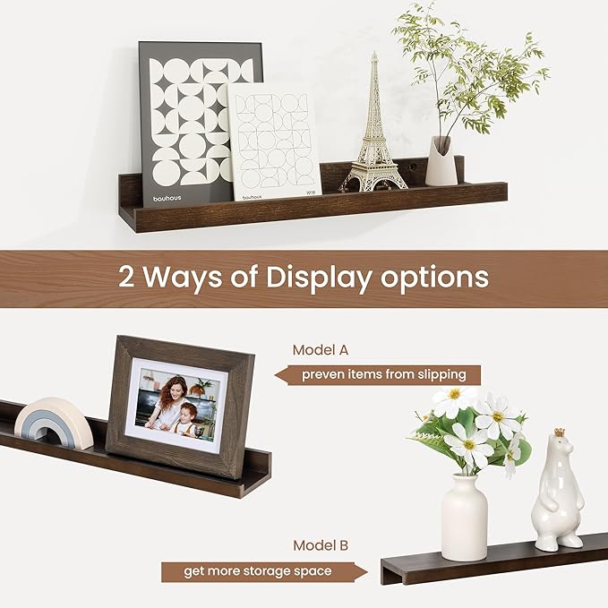 Picture Ledge Shelf, Solid Pine Wood Floating Shelves Set of 4, 16 Inches Nursery Book Shelves for Toys Storage, Kids Bookshelf Wall Mounted for Living Room Decor Photo Frames, Walnut
