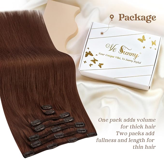 Ve Sunny Human Hair Clip in Extensions Double Weft Dark Auburn Red Remy Hair Extensions for Women Thick Hair Extensions Clip ins Short 7pcs 100g 14 inch