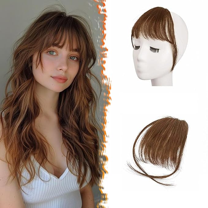 BARSDAR Medium Brown Clip in Bangs Real Human Hair - 100% Human Hair Clip in Bangs for Women - Medium Brown Wispy Bang Extensions Real Hair Fringe with Temples Hairpieces