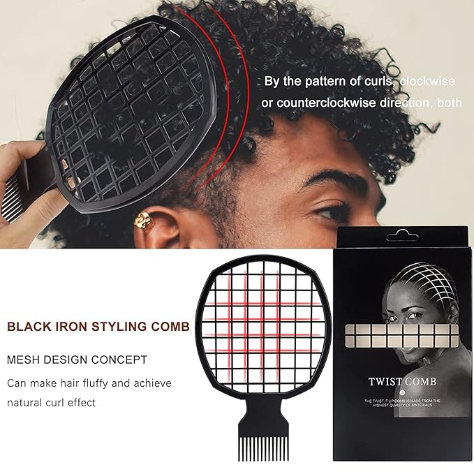 Magic Curl Sponge Set for Barber Hair Styling: Afro Twist Hair Brush, Metal Pick Comb, and Styling Combs (Black-A)