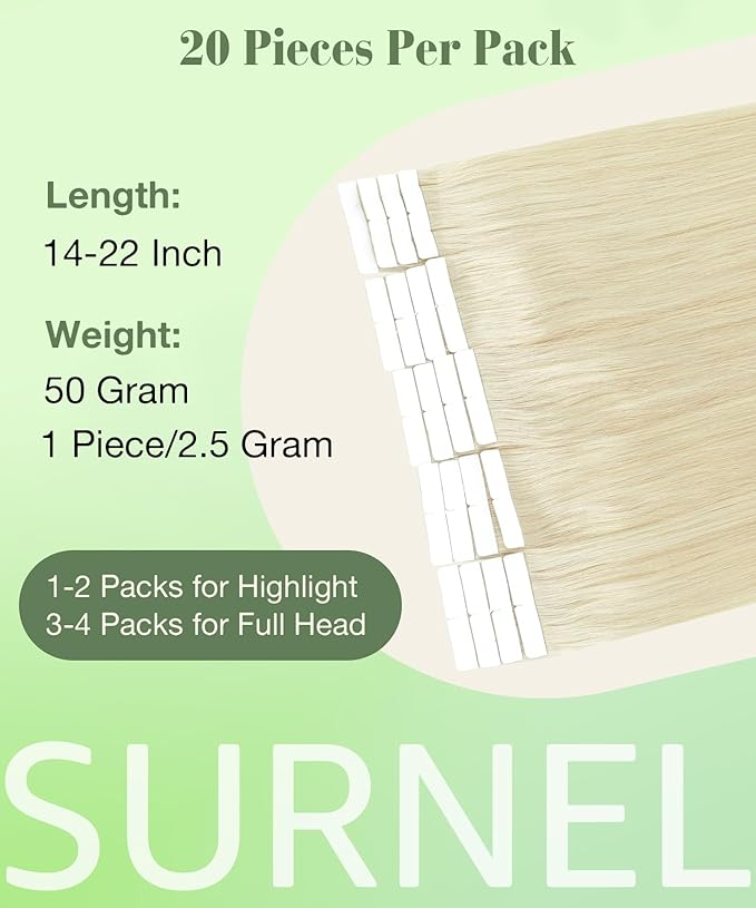 SURNEL 22 inch Tape in Hair Extensions Human Hair Color #60 Platinum Blonde Remy Tape in Hair Extension 20pcs 50g(#60-22)