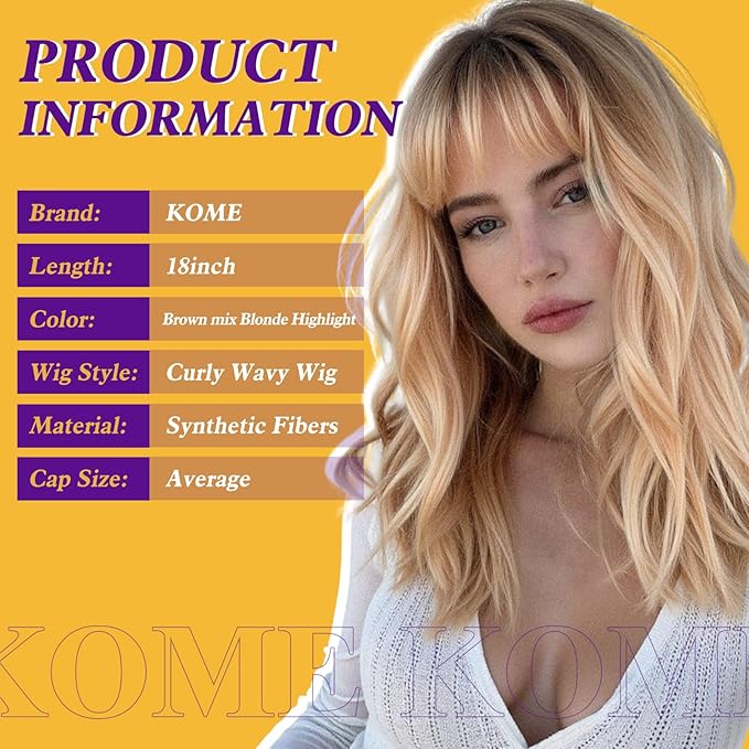 Ombre Blonde Wig with Bangs,Blonde Highlight Wavy Wigs for Women,Shoulder Length Curly Synthetic Hair Wig for Party Daily Use 18IN…