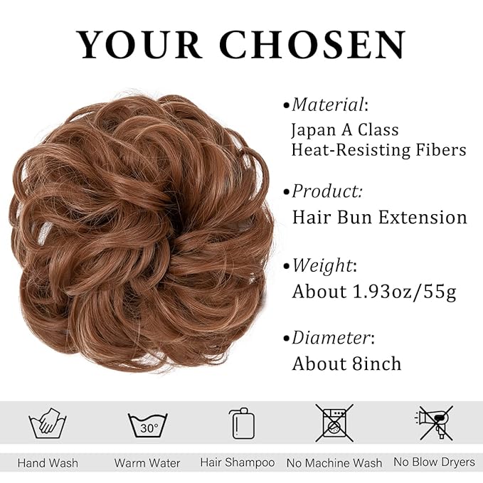 CJL HAIR Large Messy Bun Hair Piece Wavy Curly Scrunchies Synthetic Chignon Ponytail Hair Extensions Thick Updo Hairpieces for Women Light Auburn