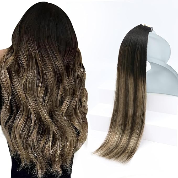 Sunny Hair Tape in Hair Extensions Real Human Hair Invisible Remy Hair Extensions Tape ins for Women Natural Black Ombre Dark Brown Balayage Ash Blonde 18 inch 20Pcs 50G