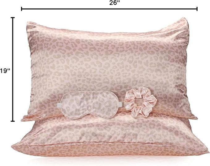2 Pack Satin Pillowcase with Latent Zipper, Adjustable Satin Eye Mask for Sleeping and Satin Volume Scrunchie for Hair and Skin, Standard Size (Pink, Leopard Style)