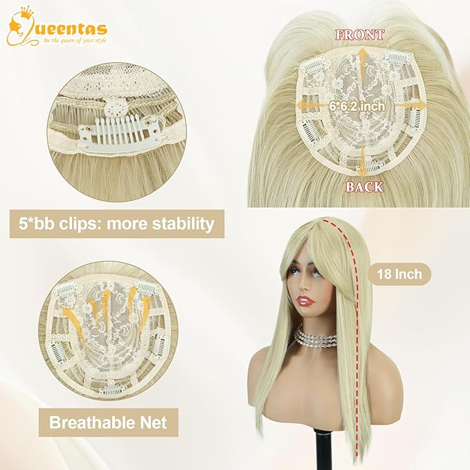 QUEENTAS 18" Blonde Hair Topper for Women with Thinning Hair Pieces 6"*6.2"Large Coverage 360°3D Cover Synthetic Long Straight with 5 Clips in Wiglets(Blonde)