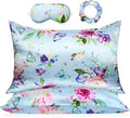 2 Pack Satin Pillowcase with Latent Zipper, Adjustable Satin Eye Mask for Sleeping and Satin Volume Scrunchie for Hair and Skin, Standard Size (Light Blue,Flower Style)
