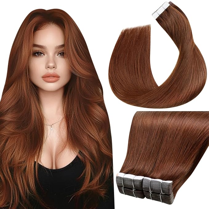 LaaVoo Hair Extensions Tape in Auburn Brown Tape in Hair Extensions Human Hair Seamless Tape on Extension Soft Hair 20inch 40pcs 100g