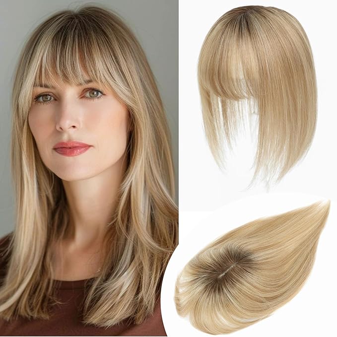 YAMI Hair Toppers for Women Real Human Hair Toppers for Women with Thinning Hair Topper with Bangs (Honey Blonde with Dark Brown Root)