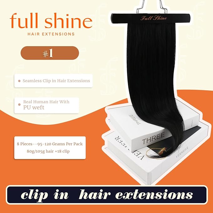 Full Shine Seamless Clip in Hair Extensions Real Human Hair Jet Black 22 Inch Clip in Extensions Human Hair with PU Weft Softness 8 PCS 120 Grams
