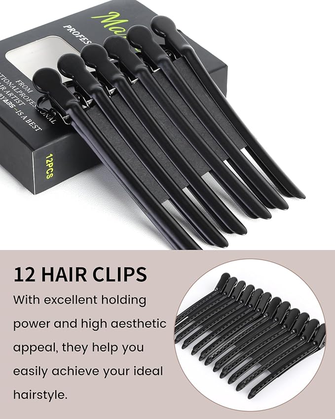 Alligator Clips for Hair Styling 12 pcs Anti-Slip No-Trace Duck Billed Hair Clips Rustproof Metal Hair Sectioning Clips for Styling for Salon & Makeup,black.