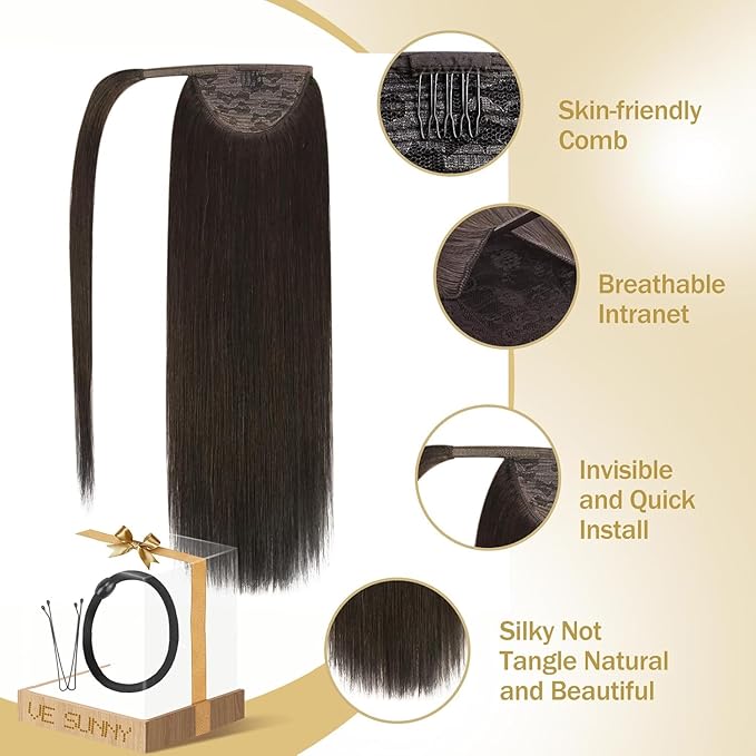 Ve Sunny Hair Extensions Ponytail Real Human Hair 80G Wrap Around Clip in Ponytail Hair Extensions Straight Extensions Human Hair for Women Brunette Dark Brown 14inch