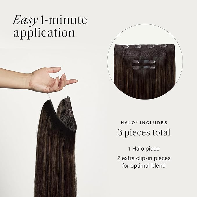 Luxy 100% Remy Human Hair – Halo Clip-In Hair Extensions –Natural Looking Volume & Length - One-Piece - Easy 5-Min Application 140 grams 16" Dimensional Rooted Honey Espresso