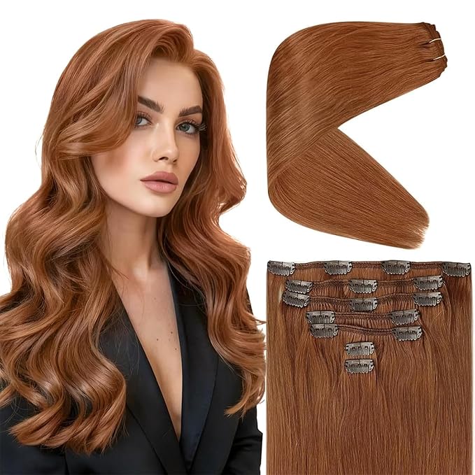 Ve Sunny Clip in Hair Extensions Real Human Hair Ginger Copper Real Hair Extensions Clip in Human Hair Double Weft Remy Hair Extensions for Women 5pcs 12 inch 80g