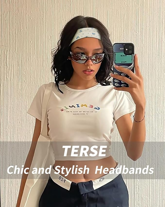 TERSE Boho Headbands for Women Short Hair Floral Headbands Non Slip Elastic Sweat Hairbands Soft Fabric Hair Bands Workout Yoga Running Sport Thin Wrap for Girls