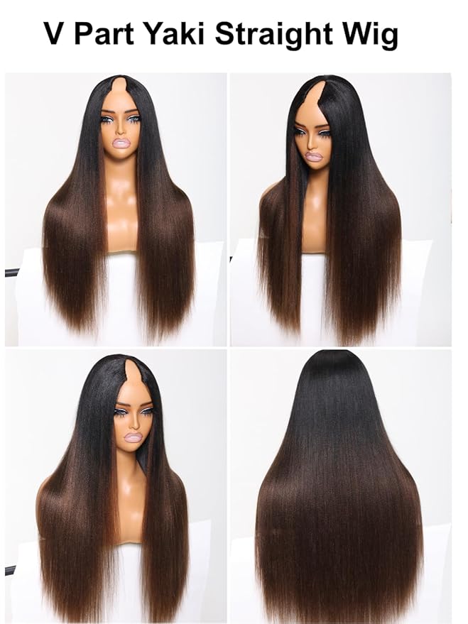 YIROO V Part Wig Human Hair No Leave Out Ombre Chestnut Brown Yaki Straight Glueless Human Hair Wig Upgrade U Part Wigs for Women V Shape Clip in Half Wig No Glue No Sew in Beginner Wig 20inch