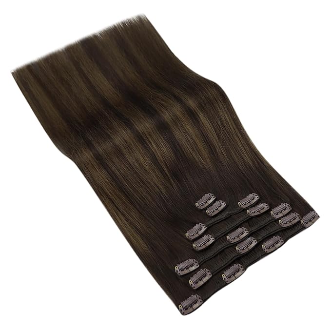 Ve Sunny Clip in Hair Extensions Real Human Hair 24 inch Long Straight Human Hair Clip in Extensions Darkest Brown Ombre Medium Brown Hair Extensions Clip ins 120g 7Pcs