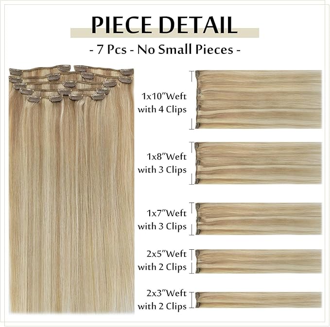 Full Shine Clip in Hair Extensions Human Hair Blonde Clip in Real Human Hair Extensions Honey Blonde Highlighted Platinum Blonde 120 G 16 Inch